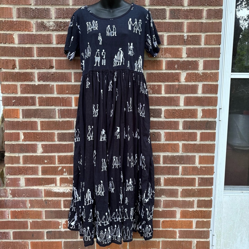 Jasmine KVM Cotton Sundress Dress Button Up Summer Stick figures Women Sz M